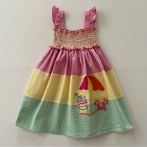 Good Lad Girls 5 Pink Yellow Green Gingham Summer Dress Beach Appliqué